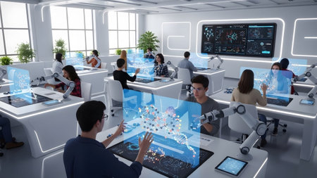 Robotic showing adults in a futuristic laboratory classroom interacting with holographic...