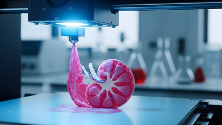 showing 3d printer creating a pink kidney model with intricate internal structures.