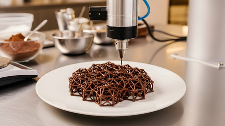Robotic showing 3d printed chocolate geometric structure on a white plate by a robotic arm.