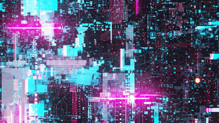 Abstract showing abstract digital circuit board pattern with glowing cyan and magenta lights and...