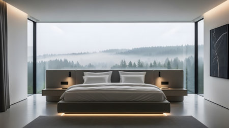 Showing bedroom with floor-to-ceiling windows and forest landscape. resolution