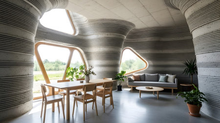 An interior view of a 3D printed concrete house with organic walls and large triangular windows.