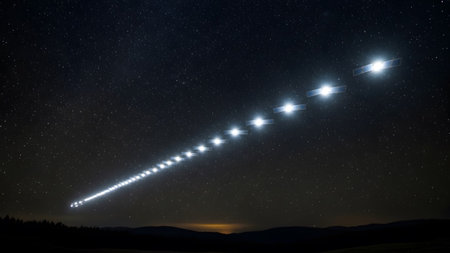 A long, bright line of Starlink satellites moves across a dark, star-filled night sky above...