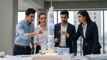 Model showing architects and designers collaborate around a detailed skyscraper model in a...の写真素材