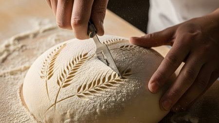 Scoring showing baker scoring wheat pattern onto raw sourdough bread dough with a lame knife....