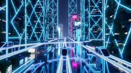 Lights showing advanced urban landscape at night with glowing blue lights and sleek transport...