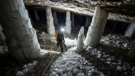 showing adventurer rappelling in a vast crystal cave with numerous ice formations and...