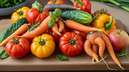 Tomatoes showing assortment of fresh colorful vegetables including tomatoes carrots peppers and...