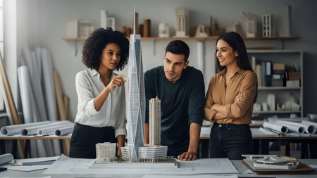 Review showing architects review a skyscraper model and blueprints in a studio with rolled plans...の写真素材