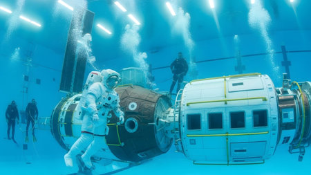 Near showing astronaut in white spacesuit navigates underwater near space station module with...の写真素材