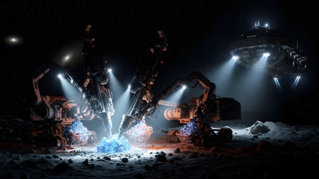 showing alien asteroid mining operation with spaceship and robotic drills extracting blue...