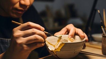 Hands carefully painting gold lacquer along the fractured lines of a ceramic bowl, highlighting...の写真素材