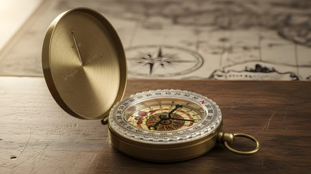 Vintage showing antique brass compass with open lid rests on wooden table with vintage map...