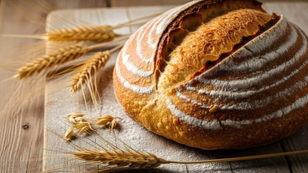 Cutting showing artisan sourdough bread with golden wheat stalks on a rustic wooden cutting...
