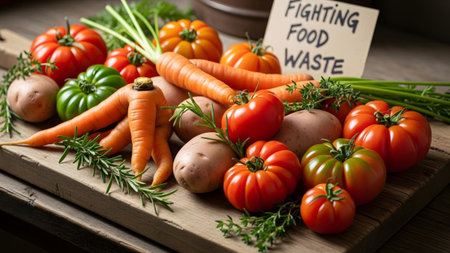 showing assortment of fresh vegetables and sign reading fighting food waste.