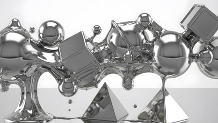 Abstract showing abstract composition of liquid chrome shapes, spheres, cubes, and pyramids with...の写真素材
