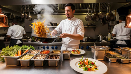 (1296) showing chef preparing food in a busy restaurant kitchen with fresh ingredients and...