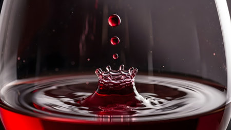 showing close up of red wine droplets falling and creating ripples in a glass.の写真素材