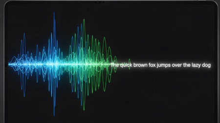 Sound showing blue and green sound wave visualization on a dark screen showing text...