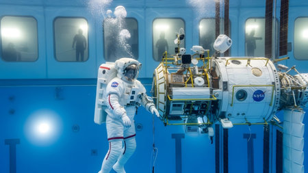 Training showing astronaut in white spacesuit performs underwater training with space station...