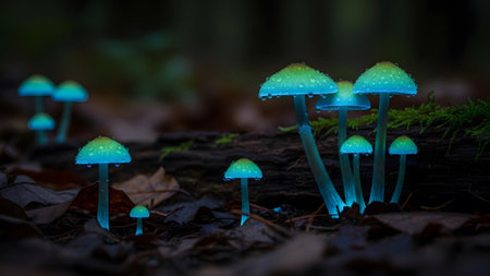 A cluster of bioluminescent mushrooms emit a soft blue glow on a dark forest floor surrounded by...