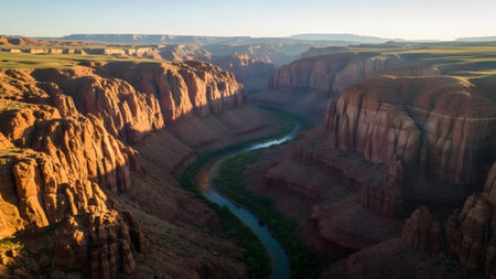 showing canyon walls with a winding river and green trees illuminated by golden hour...の写真素材