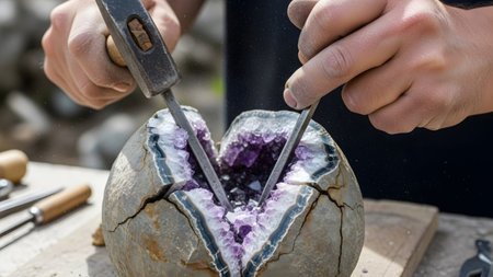 Purple showing close-up of hands using hammer and chisel to break open a geode with purple...