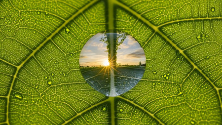 showing close-up of a green leaf with intricate veins and a large dewdrop reflecting a...