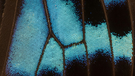 showing close up macro view of iridescent blue scales on a dark butterfly wing with...