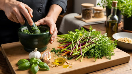Hands actively grinding fresh green herbs in a dark mortar and pestle surrounded by garlic, pine...の写真素材