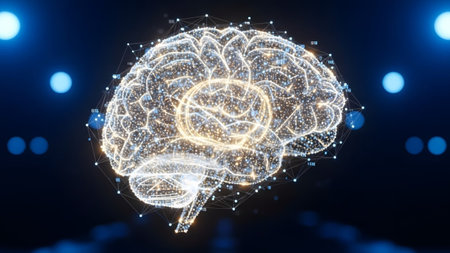 A 3D rendered brain model with a glowing digital network and subtle binary code patterns on a...