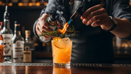 Slice showing bartender garnishing cocktail with flaming rosemary sprig using a culinary torch...