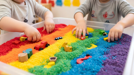 Small showing childrens hands interacting with rainbow colored rice and small wooden toys in a...の写真素材