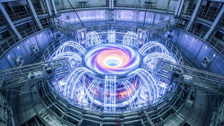 Vortex showing circular fusion reactor with a swirling colorful plasma vortex and surrounding...の写真素材