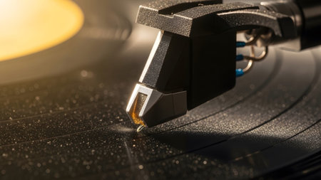 showing close up of a record player stylus on a dusty black vinyl record with a warm...