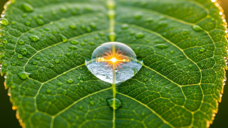 showing close-up of a water droplet reflecting a sunset on a green leaf surface.