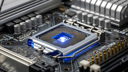 A detailed macro view of a computer motherboard CPU socket with a blue light, silver heatsink,...