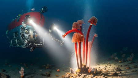 Floor showing deep sea submersible explores vibrant red tube worms and alien life on ocean...