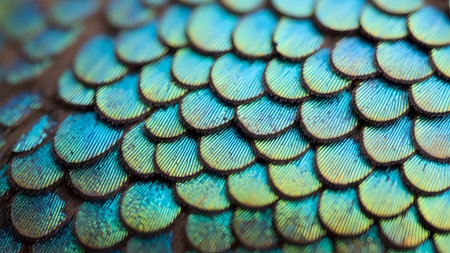 showing close-up macro view of iridescent peacock feather scales showing intricate...