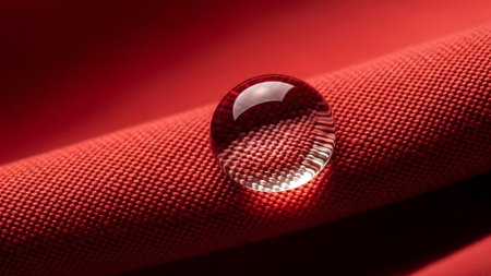 With showing close-up of a single clear water droplet on a red textured fabric with light...