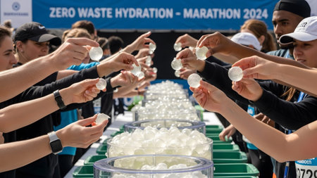 showing crowd of runners receiving edible water pods from a zero waste hydration station...の写真素材