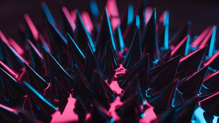 Lights showing close-up of ferrofluid spikes illuminated by pink and blue neon lights creating a...の写真素材