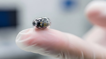 Capsule showing close-up of tiny medical capsule with circuitry on gloved finger....
