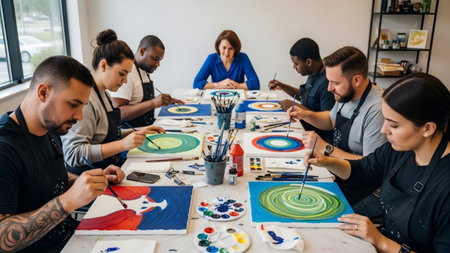 Diverse adults painting abstract concentric circles on canvases in an workshop with an instructor.