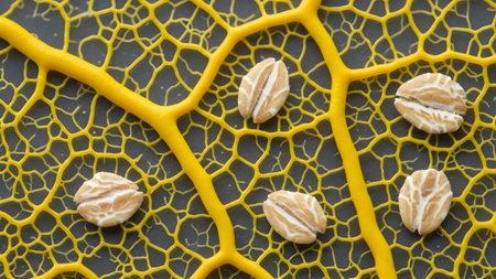 A detailed macro view of a bright yellow slime mold network with oat flakes on a dark surface.の写真素材