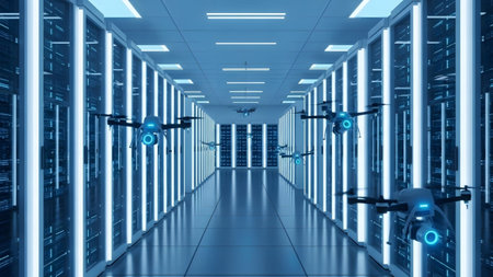 Drones navigate a long, blue-lit server room filled with glowing computer racks and overhead...