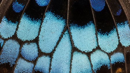 showing detailed macro view of bright blue and black scales on a butterfly wing showing...