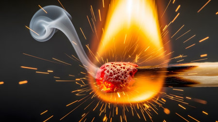 The head of a wooden match ignites with a fierce orange flame, emitting sparks and white smoke...