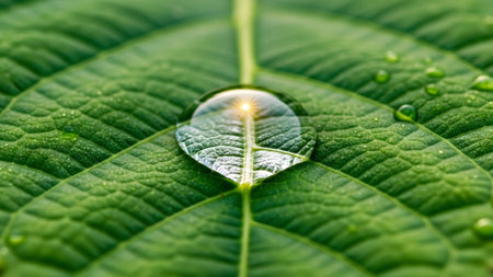 A detailed macro view of a single water droplet on a textured green leaf, reflecting the bright sun.