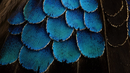 showing close up of overlapping iridescent blue and green feathers with dark edges and...の写真素材